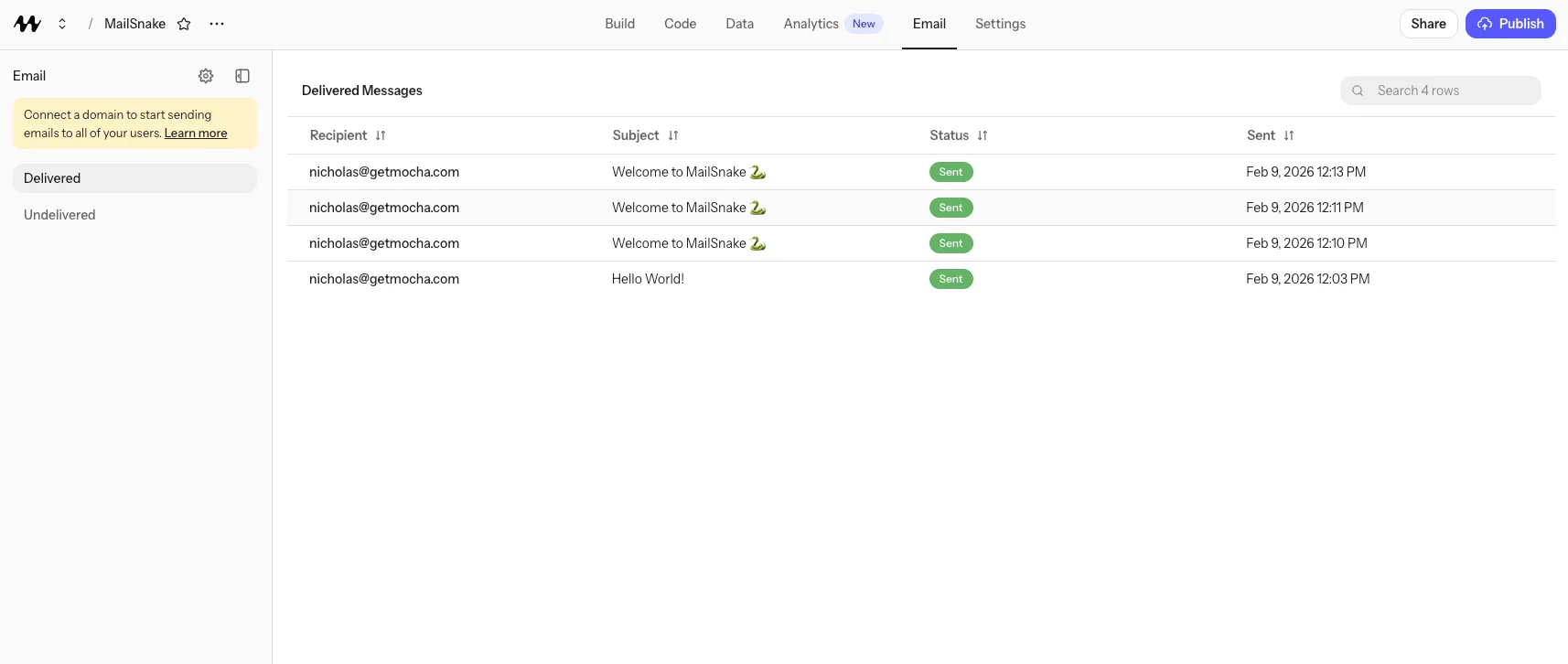 The Mocha Email dashboard showing delivered messages and their status
