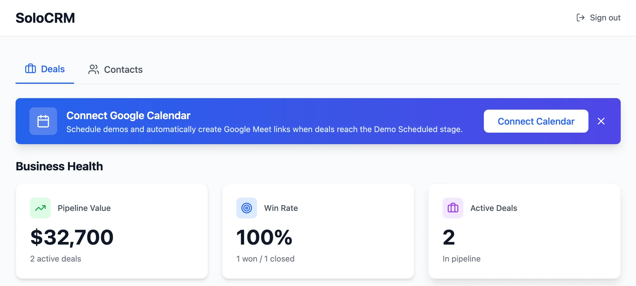 Connect Google Calendar modal in SoloCRM