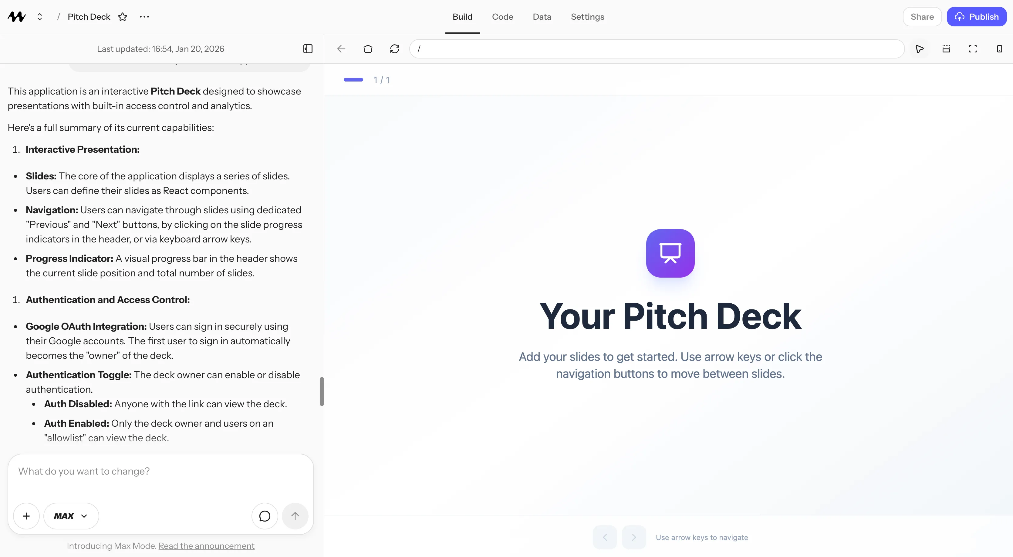 Mocha builder interface showing the deck structure with features like Google Auth, viewer tracking, and keyboard navigation