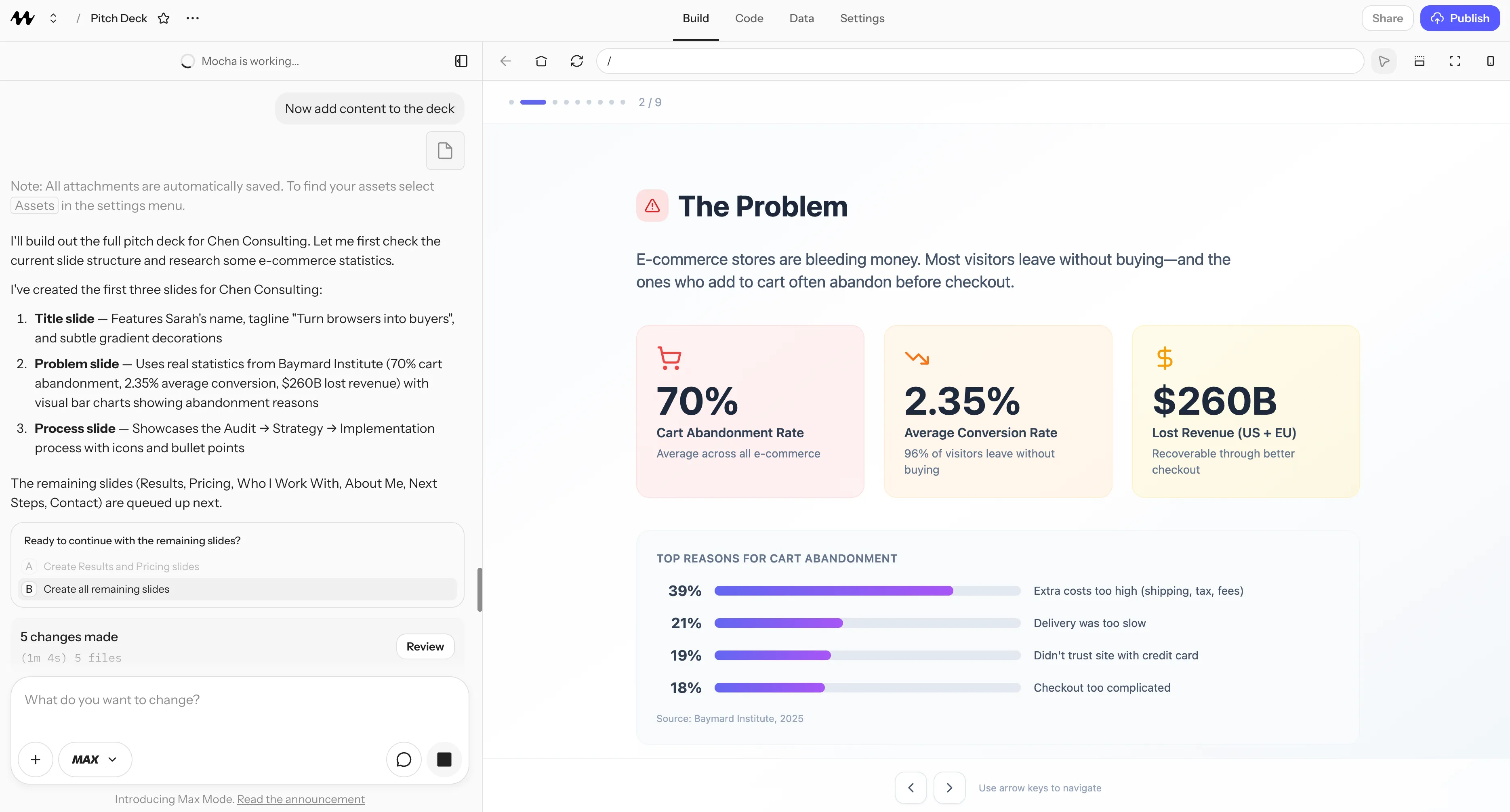 Mocha builder showing 'The Problem' slide with real statistics: 70% cart abandonment, 2.35% conversion rate, $260B lost revenue