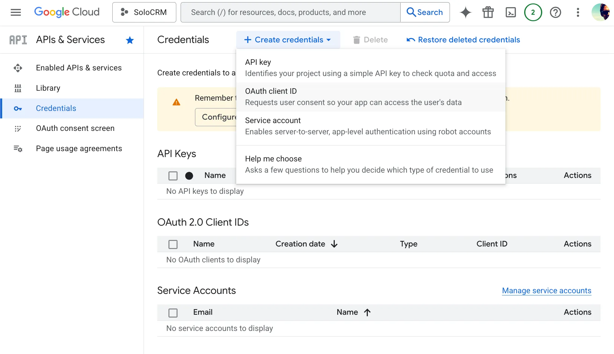 Create credentials dropdown showing OAuth client ID option