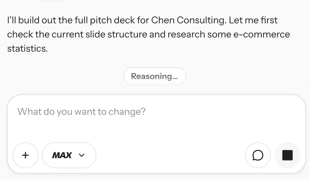 Mocha AI in Max mode researching e-commerce statistics for the pitch deck
