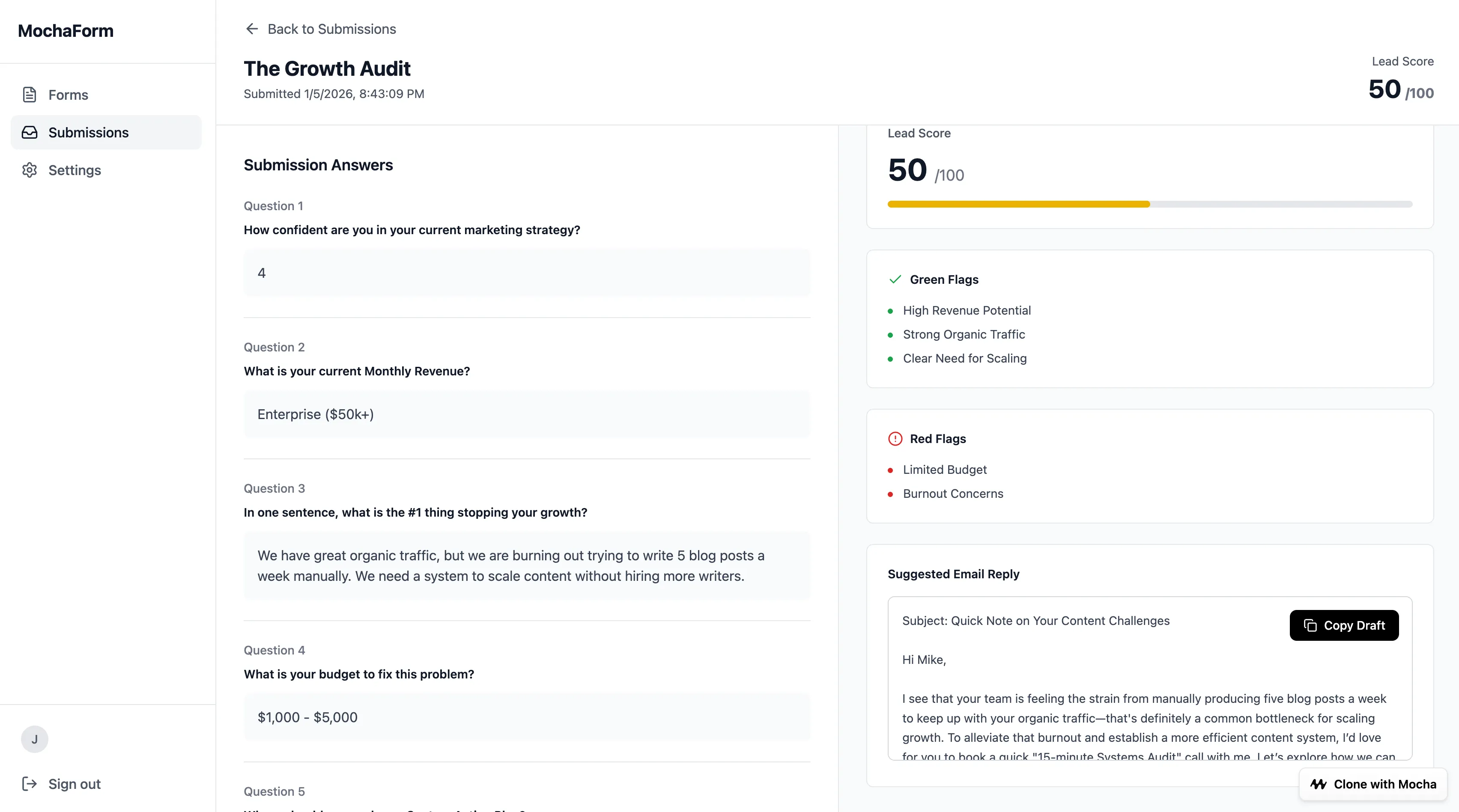 MochaForm Lead Intelligence Dashboard showing lead score, green and red flags, and email draft with copy button
