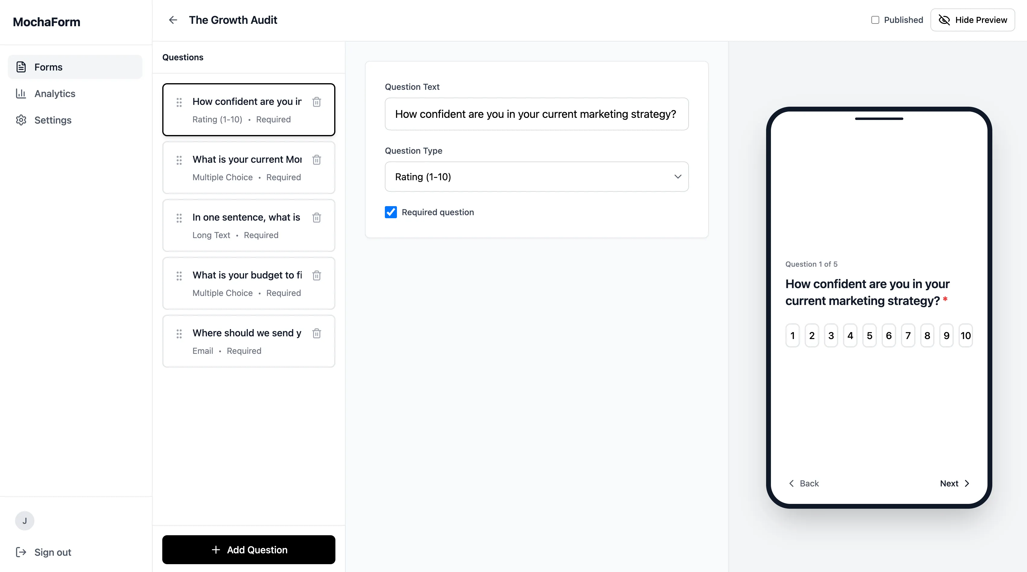 MochaForm studio builder with all 5 questions and live mobile preview