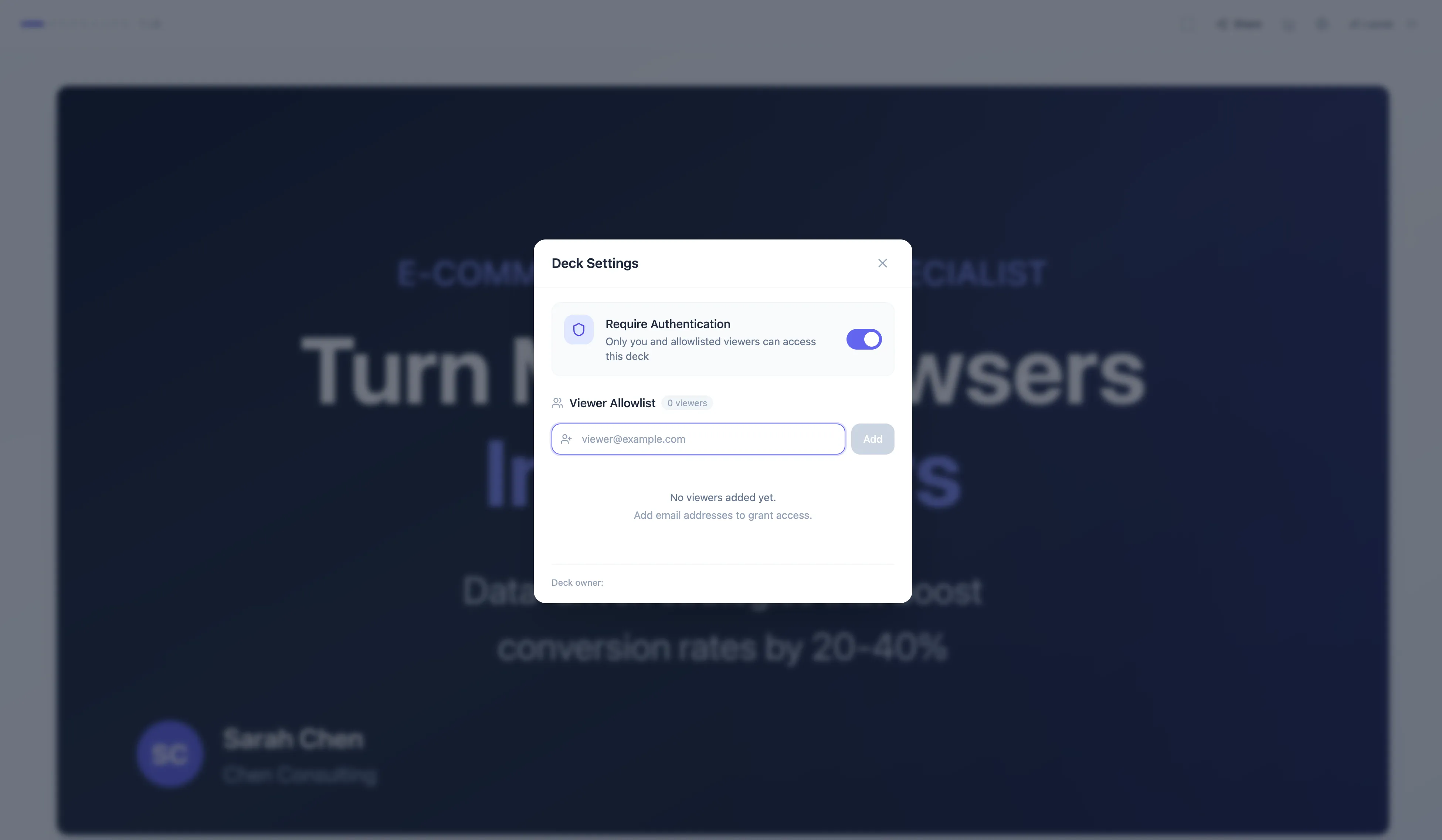 Mocha deck settings showing Google Auth with viewer allowlist