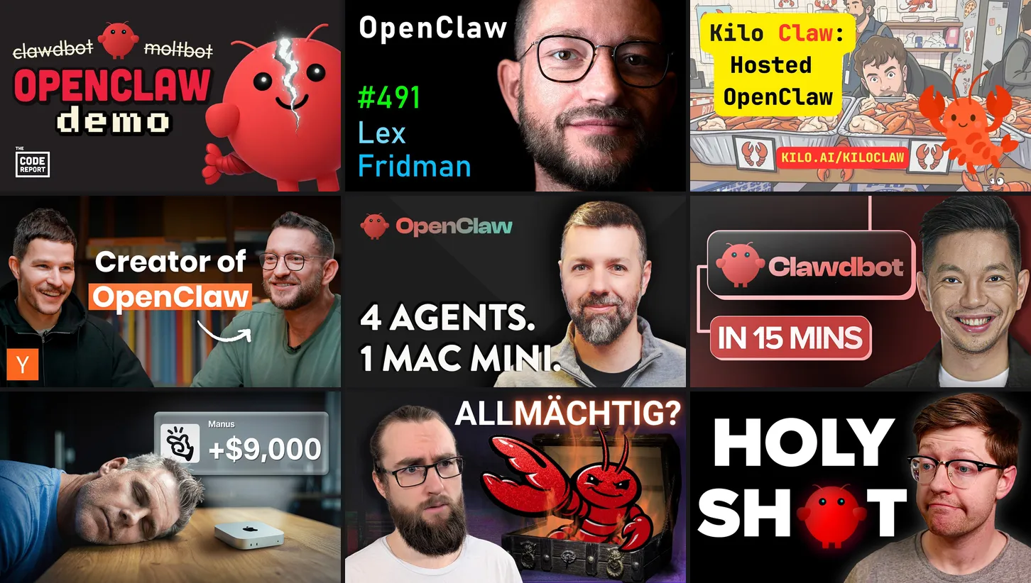 Collage of popular OpenClaw YouTube videos showing the massive interest in this AI agent